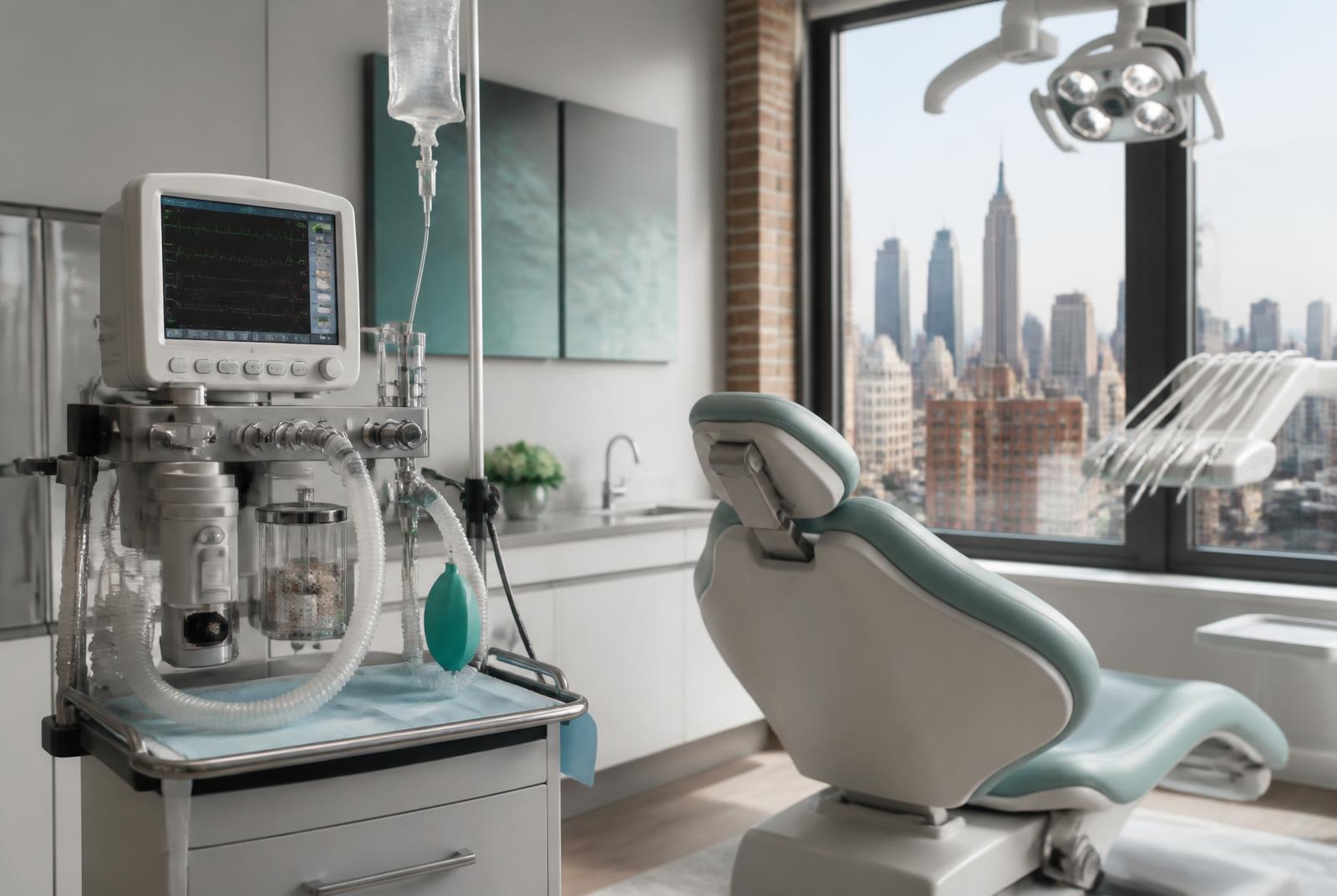 Portable anesthesia monitoring equipment set up beside a dental chair in a Manhattan operatory